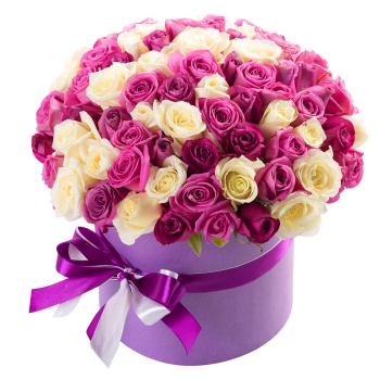 101 разноцветная роза в шляпной коробке