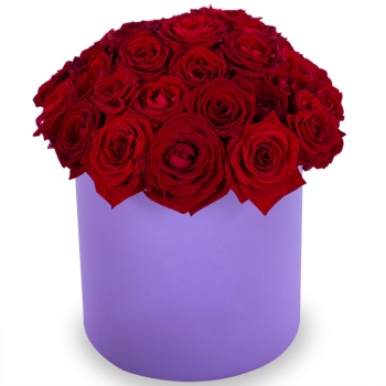 Букет из 35 красных роз premium в фиолетовой шляпной коробке