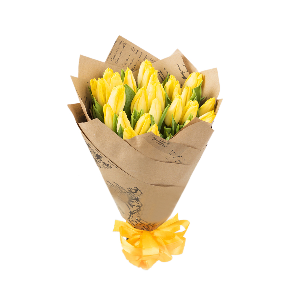 Букет из 25 желтых тюльпанов в крафте
