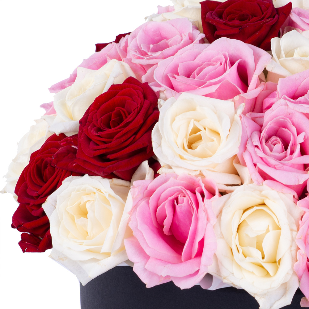 Букет из 51 разноцветной розы premium в черной шляпной коробке