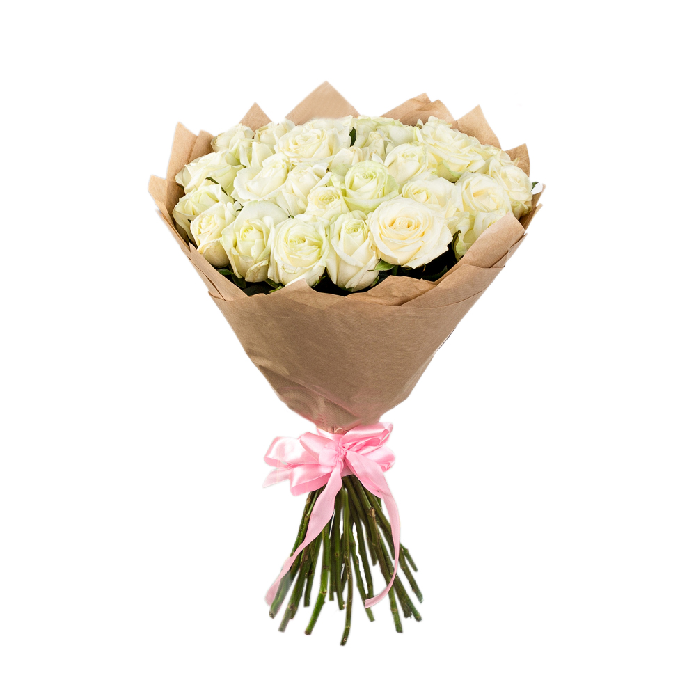 25 белых роз в крафте 60 см