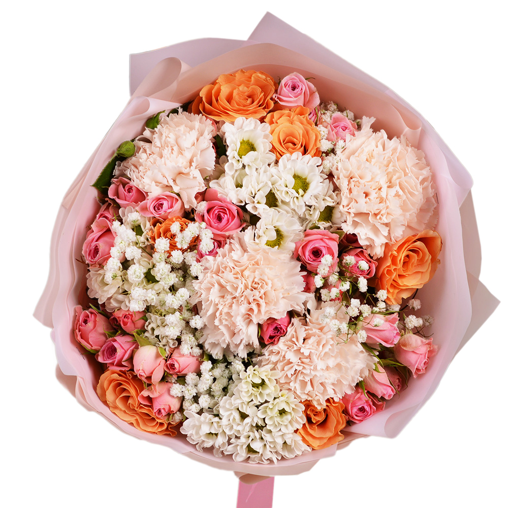 Букет из гипсофил, роз и гвоздик