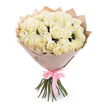 25 белых роз в крафте 60 см