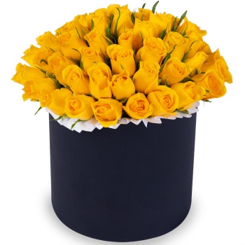 51 желтая роза в черной шляпной коробке