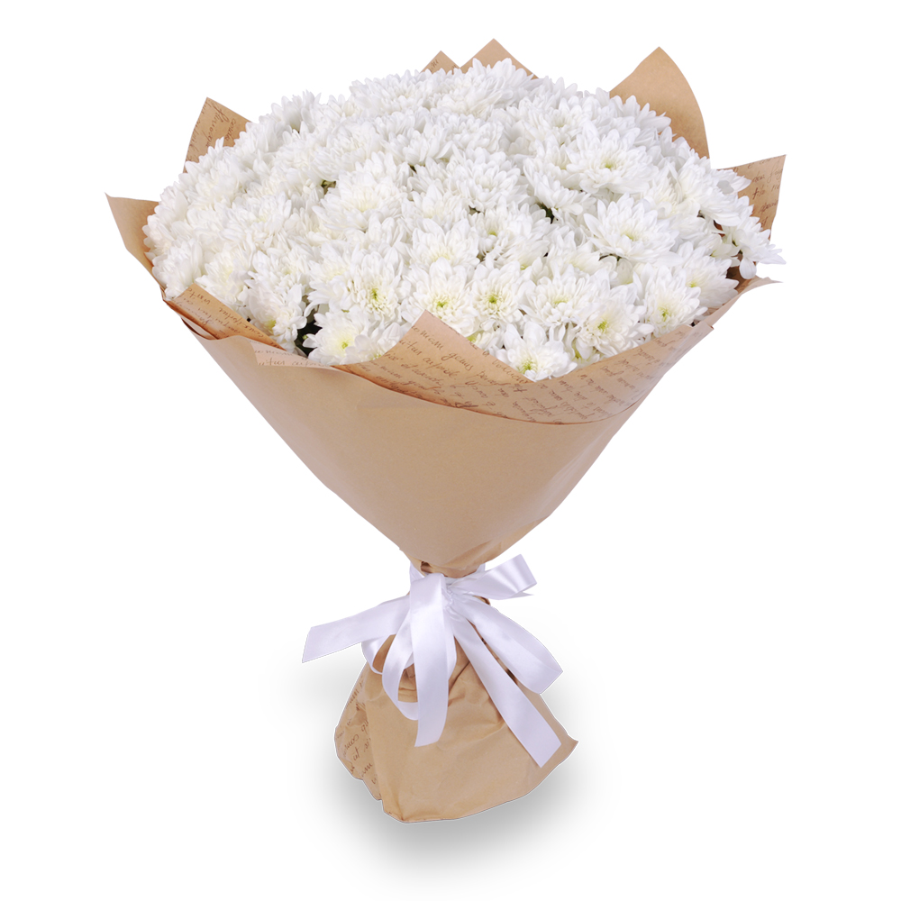 Букет из 25 белых хризантем в крафте