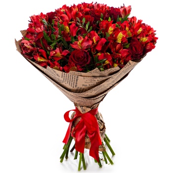 Букет из красных роз и альстромерии
