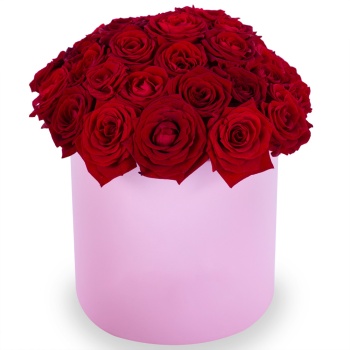 Букет из 35 красных роз premium в розовой шляпной коробке