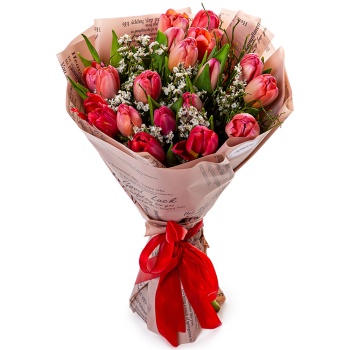 Букет из 19 розовых тюльпанов с лимониумом
