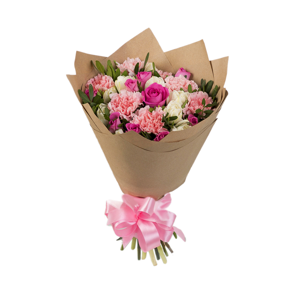 Букет из тюльпанов, роз и гвоздик