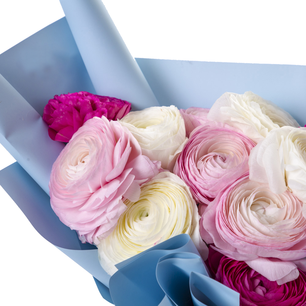 Букет из 11 разноцветных ранункулюсов