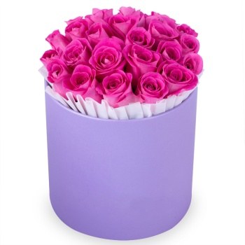 25 розовых роз в фиолетовой шляпной коробке
