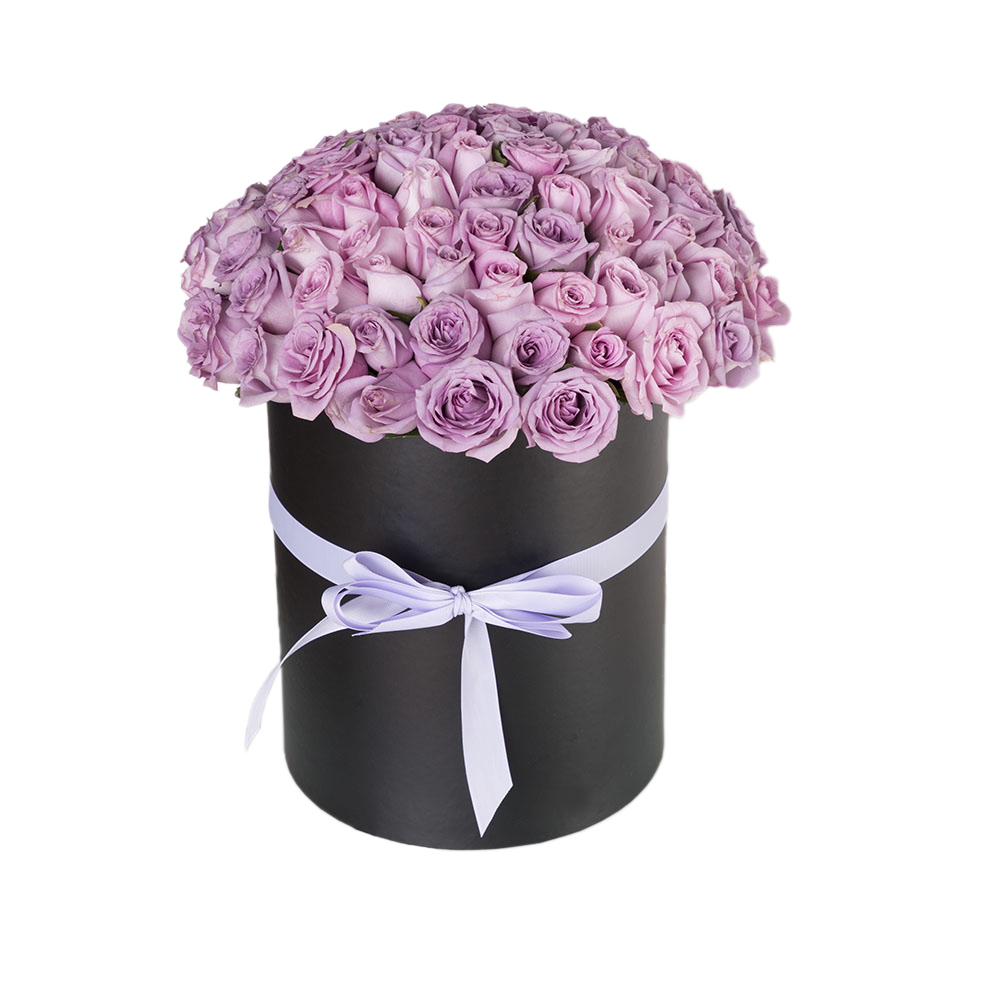 101 сиреневая роза в шляпной коробке