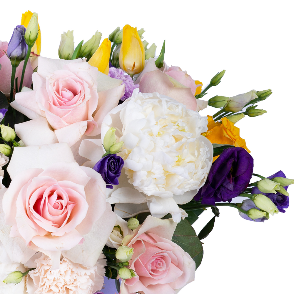 Букет в шляпной коробке из роз, гербер и хризантем