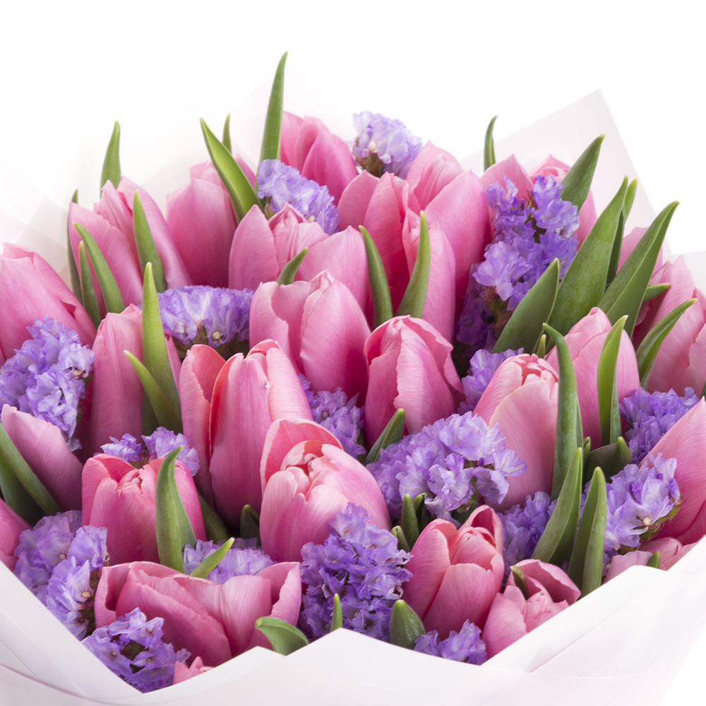 25 розовых тюльпанов со статицей