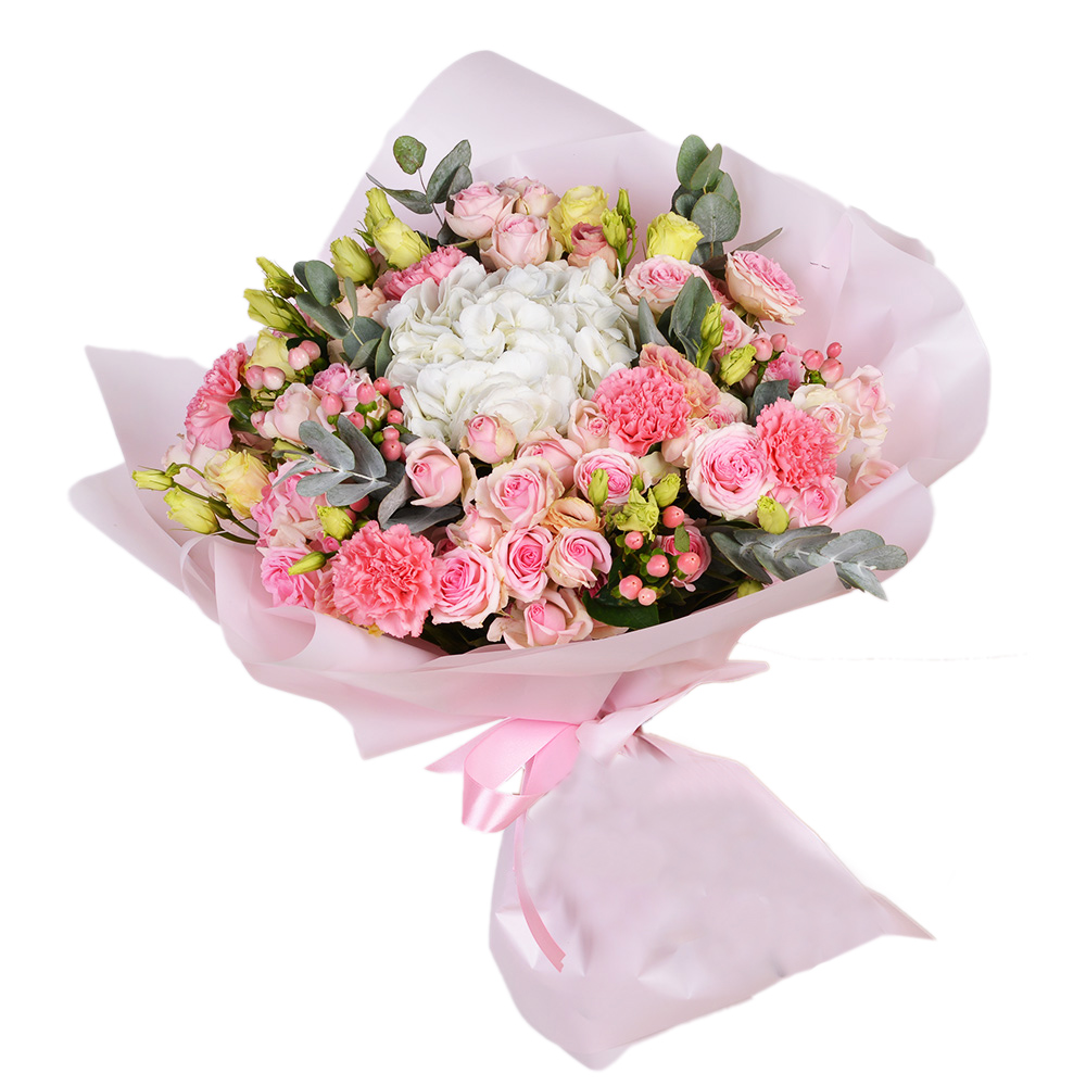 Букет из гортензии, гвоздик и кустовых роз