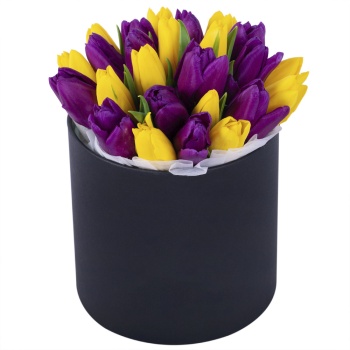 25 разноцветных тюльпан в черной шляпной коробке