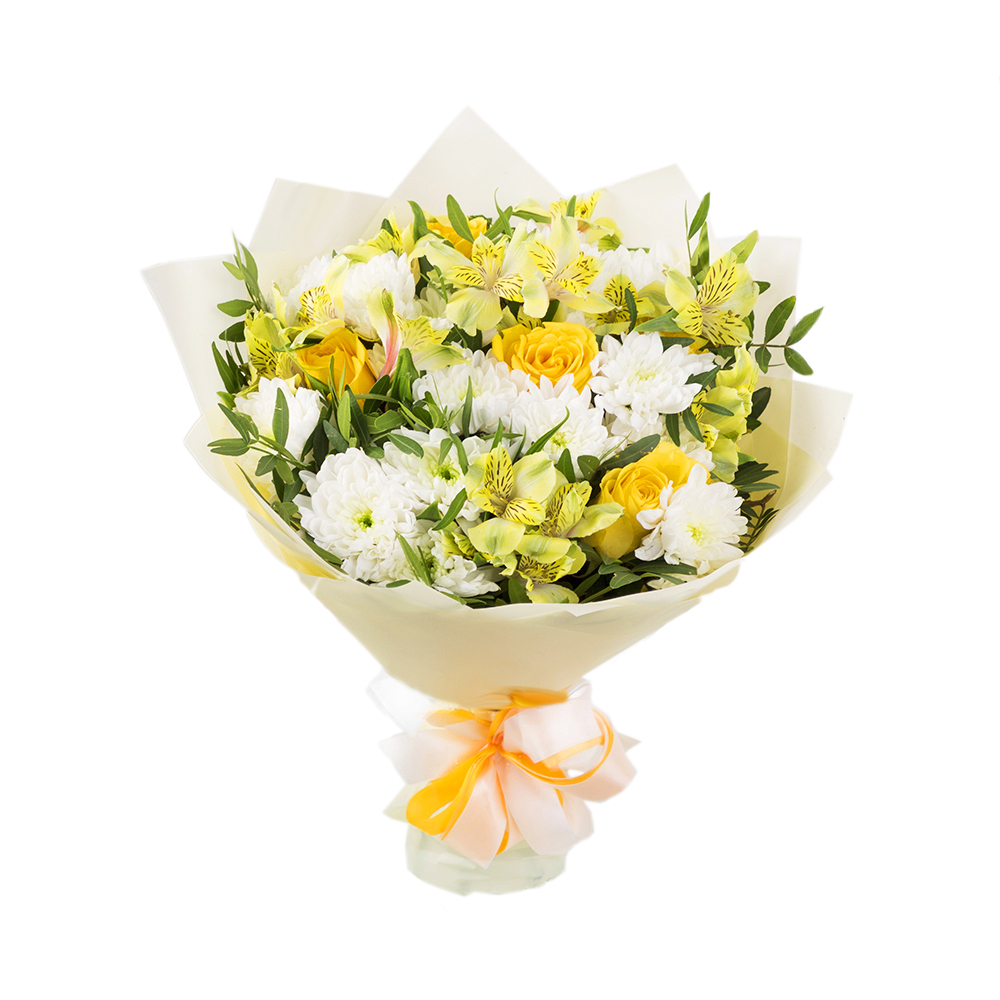 Букет из роз, хризантем и альстромерий в пленке