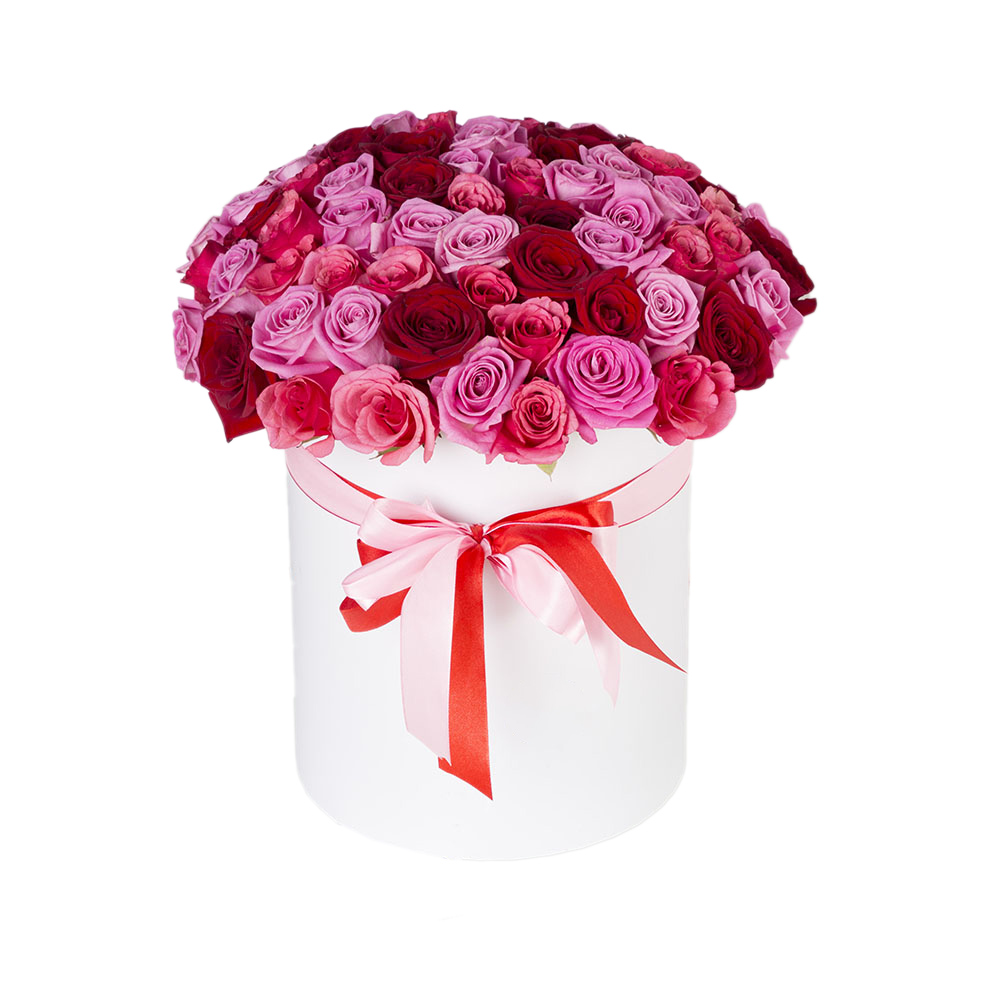 101 разноцветная роза в шляпной коробке 40 см