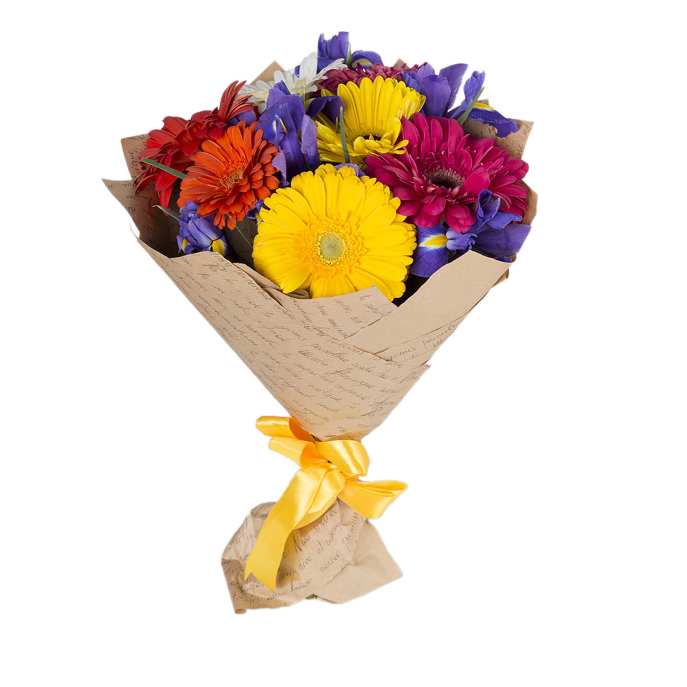 Букет из разноцветных гербер с ирисом