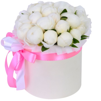 Букет из 21 белого пиона в кремовой шляпной коробке