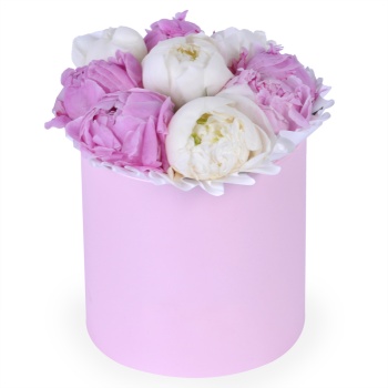 Букет из 9 разноцветных пионов в шляпной коробке